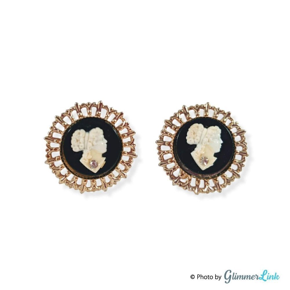 Vintage Black Cameo Screw Back Earrings Victorian Revival Lady Portrait
